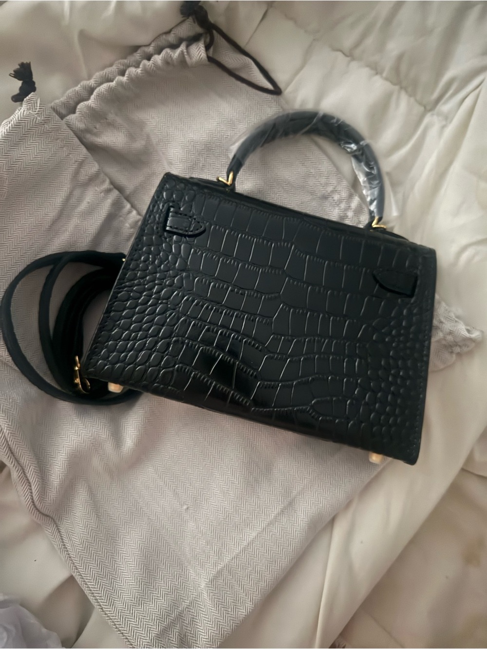 Genuine Leather Shiny Croc Embossed Mini Kelly Bag • Black/Gold • NWT Inspired - Picture 5 of 5